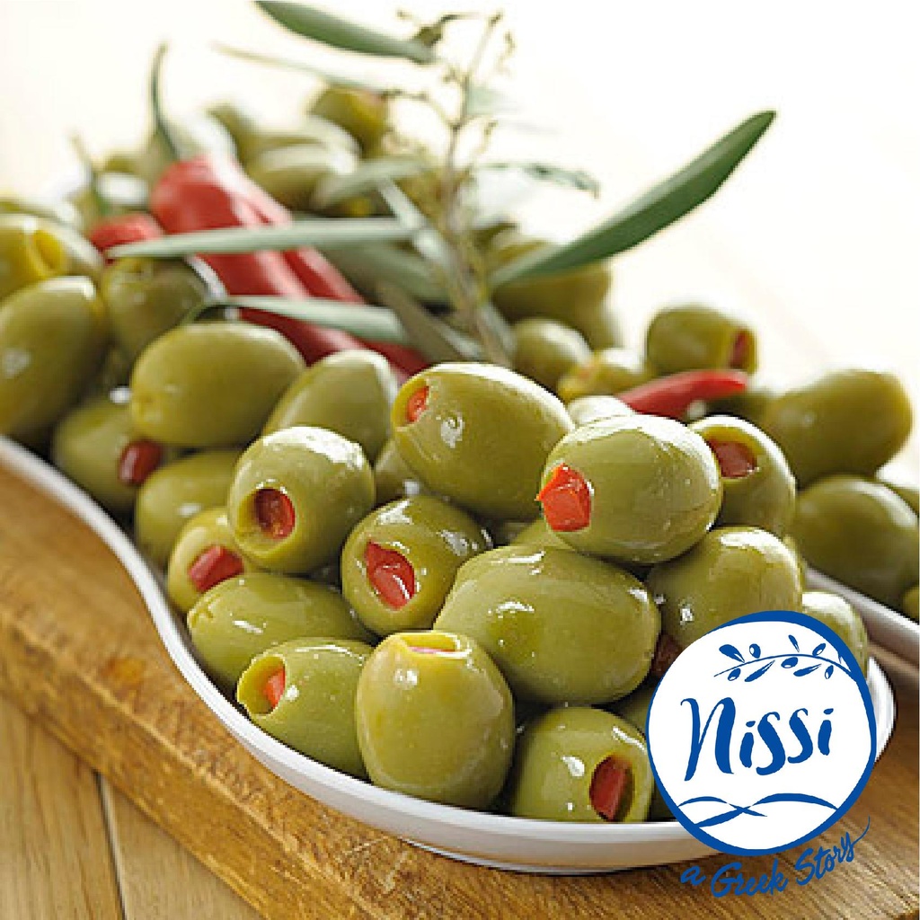 Organic Greek Nissi Halkidiki Olives Stuffed with Red Natural Pepper 500g